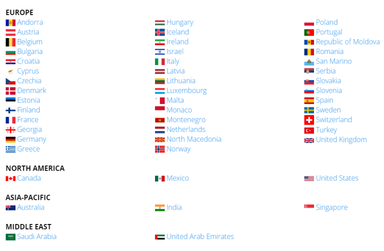 A photo of a list of countries in the Mutonic platform where it is possible to place orders for a local delivery in another country