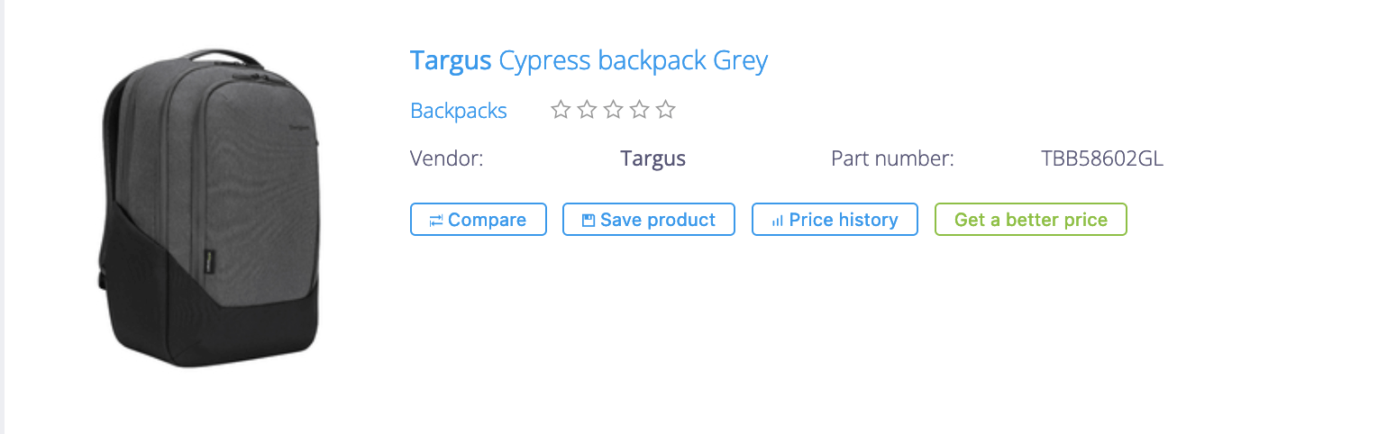 Mutonic product number TBB5860GL with a product photo of the Targus Cypress hero backpack in grey.