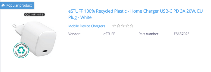 Mutonic product number ES637025 with a product photo of the eSTUFF Home Charger with USB-C in white made from 100% recycled plastic.